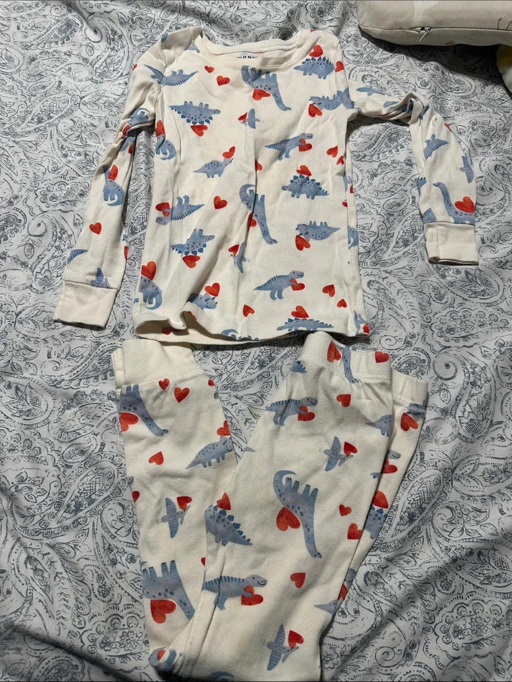 Old Navy Cream Pajama Set with Blue Dinosaurs & Red Hearts